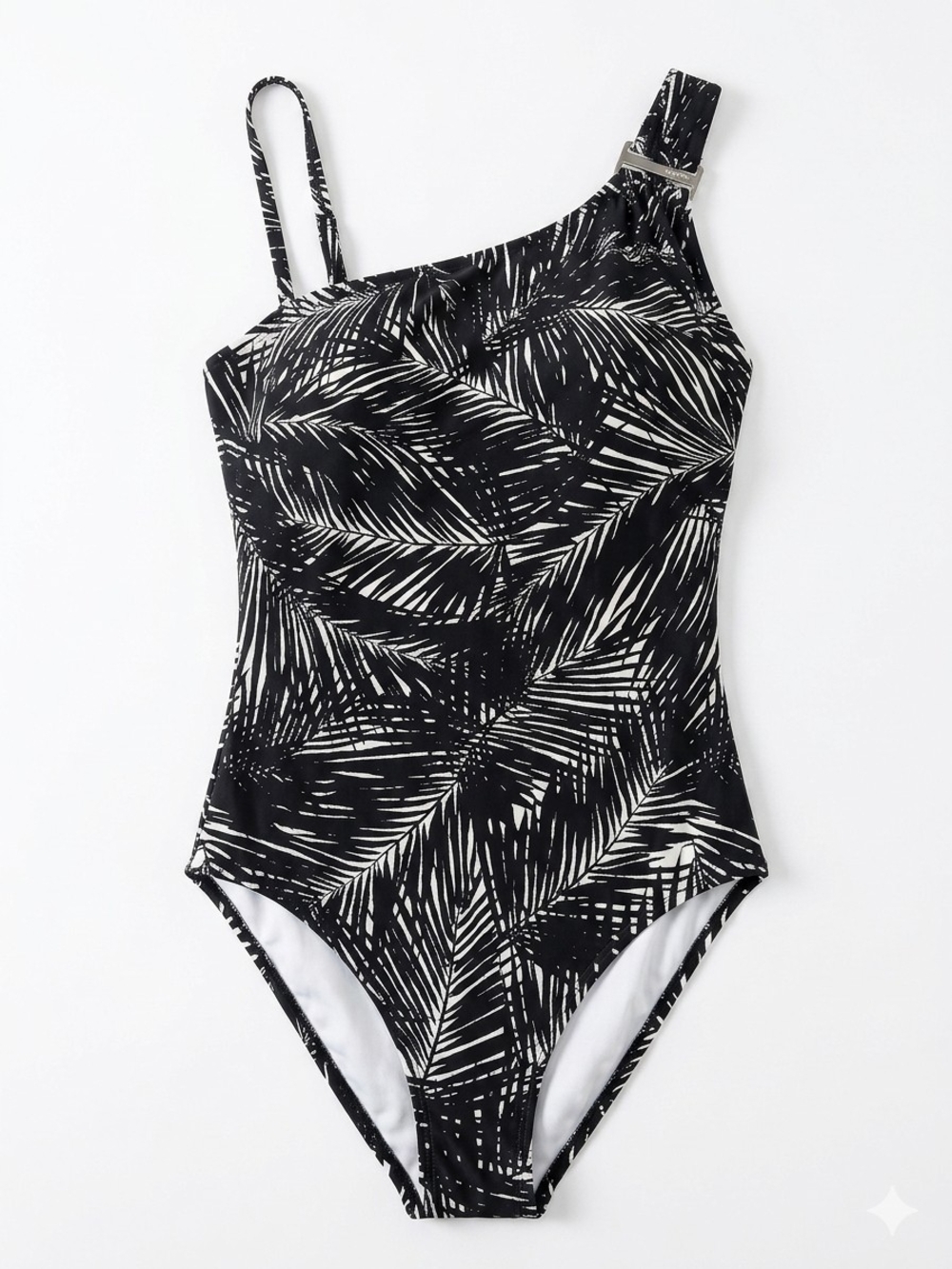 Michael Kors Black and White Palm-Print One-Piece with Silver Accent